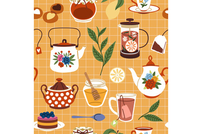 Tea time seamless pattern. Tasty breakfast sweets and desserts with ho