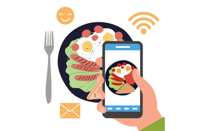 Blog about food, photo sharing in social networks. Plate with meal top