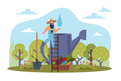 Gardening. Tiny male farmer and huge watering can and shovel, vegetabl