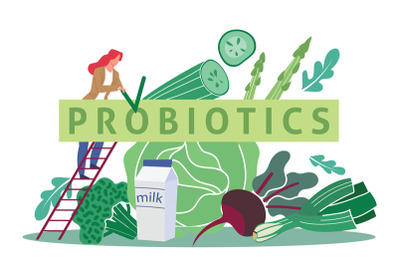 Probiotics, intestinal flora, healthy food. Tiny woman on ladder and h