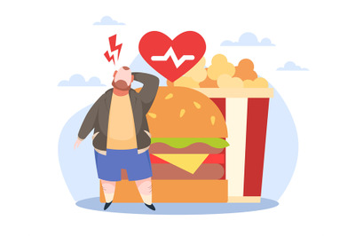 Problems overweight people, unhealthy diet. Fat man with huge hamburge