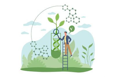 Genetic engineering&2C; improvement of biogelix. Tiny scientist man with