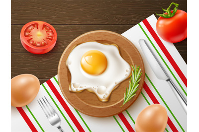 Realistic fried eggs breakfast. Morning fast food, plate top view, fre