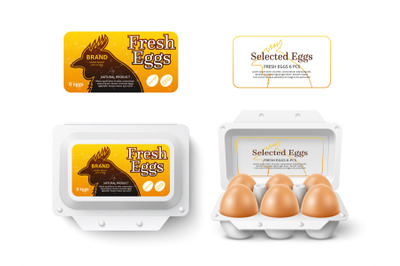 Hen eggs package design mockup. Box with stickers, farm fresh chicken