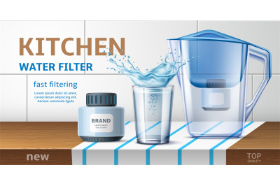 Realistic water filter poster. Kitchen home appliances, 3d jug with sp