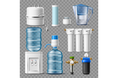 Realistic water filters. Different home drinking water treatment devic