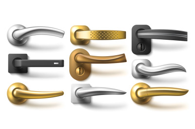 Realistic door handles. Different metal furniture and interior accesso