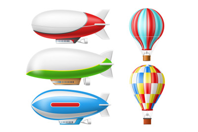 Dirigible and hot air balloons. Realistic retro aviation objects, 3d i