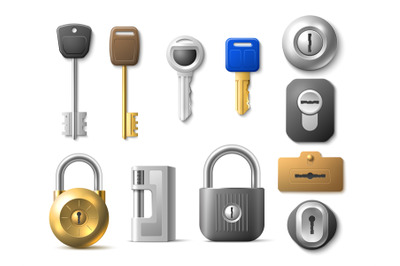 Realistic modern keys. Different locks and padlocks, keyholes, combina