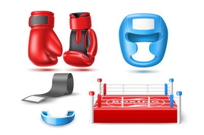 Realistic boxing sports accessories. Fighting sport elements, 3d isola