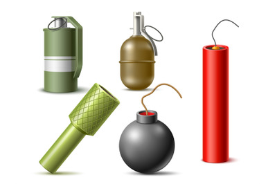 Realistic bombs. Different explosives types, hand grenades with check,