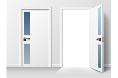 Opened and closed door. Realistic white interior door with transparent