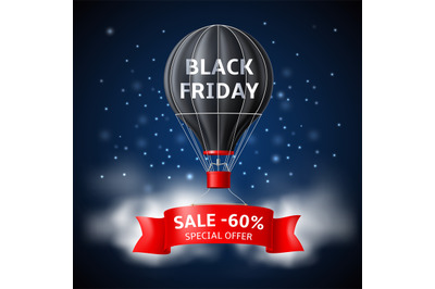 Hot air balloon black friday. Black retro airship with advertising sal