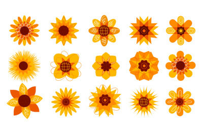 Cartoon sunflowers. Decorative autumn flowers, orange petals different