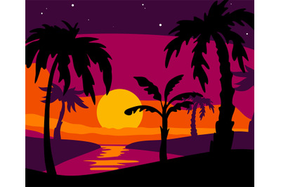 Palm silhouettes background. Beach tropical trees&2C; sea evening&2C; black