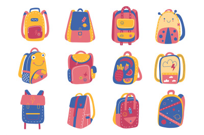 School backpacks. Children bright bags, funny color study equipment, k