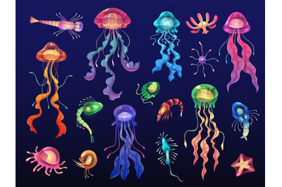 Cartoon jellyfishes. Beautiful deep water glowing creatures, ocean und