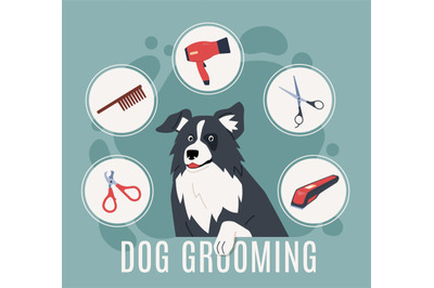 Pet grooming poster. Advertising banner with cute long haired dog&2C; hyg