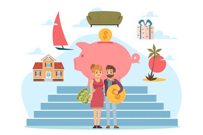 Budgeting plan and saving money. Family with piggy bank. Diversificati