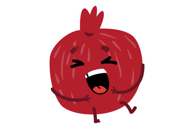 Laughing pomegranate character. Cute fresh fruit emoji