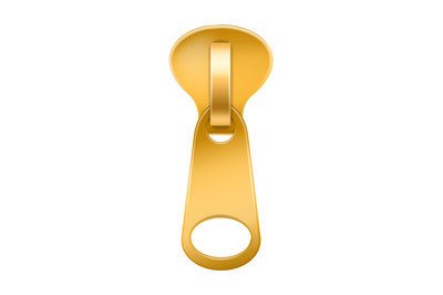 Zipper puller. Realistic golden closing fabric fastener