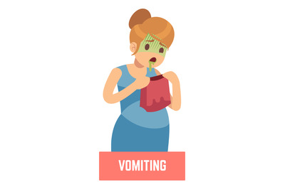 Vomiting woman. Morning nausea sickness. Pregnancy symptom