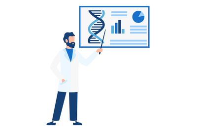 Man showing scientific presentation. Biotechnology research report