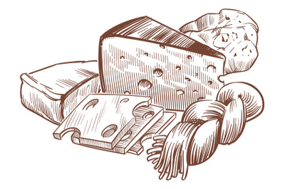 Sketch cheese. Compositions with cheeses different types, half and sli