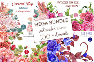 MEGA BUNDLE, Sublimation PNG, Watercolor roses Flowers