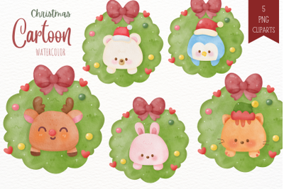 Christmas wreath watercolor and cozy winter animal kawaii clipart