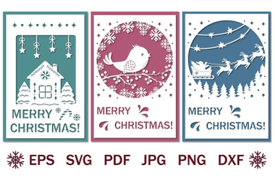 Bundle of papercut Christmas cards, svg holiday template