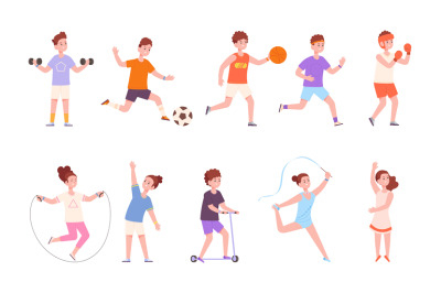 Kid physical exercise. Children sport preparing, active sports movemen