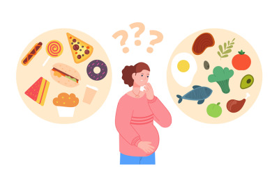 Eating during pregnancy. Pregnant woman think eat healthy vegetarian n