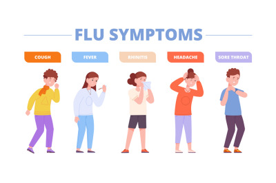 Child influenza symptoms. Children inflammation flu illness, kid use t