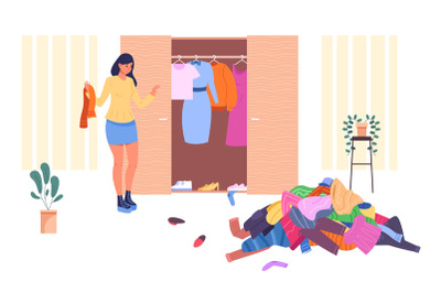 Girl organize closet. Organization cluttered home wardrobe, woman decl