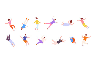 People in floating pose. Flying in dream characters, soaring gravity p