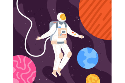 Man in cosmic spacesuite. Colorful astronaut discovery space planet st