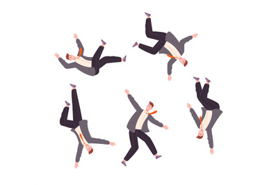 Falling businessman. Fall down business men in suit from full despair,