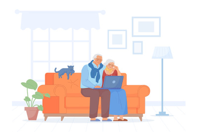 Pensioner on sofa with computer. Happy elderly couple and internet tec