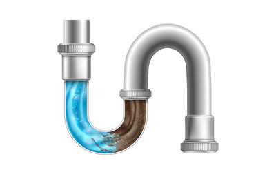 Realistic drain pipe. Clogging plumbing 3d pipes under sink or sewerag