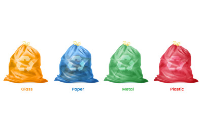 Realistic separate trash. 3D plastic sacks waste bag for util kitchen