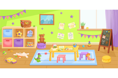 Kindergarten toy room. Kid classroom, cartoon nursery preschool daycar