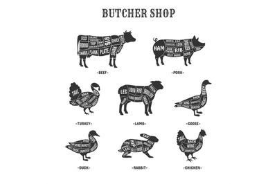 Diagrams for butcher shop. Cut diagram farm animal for butchers, lives