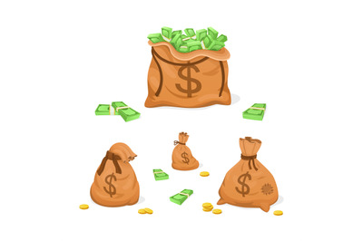 Cartoon sack cash. Large bag with stack money dollars, finance argent,
