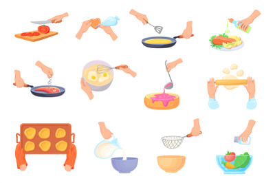 Cartoon hands prepare food. Hand cook, spatula for cooking process, sp