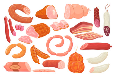 Cartoon delicatessen sausages. Pork sausage chorizo or ham shopping me