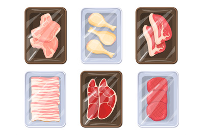 Cartoon meat trays. Keeping food frozen in polyethylene whole package