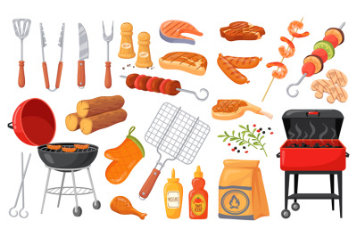 Cartoon bbq elements. Summer barbecue, burning grill picnic food roast