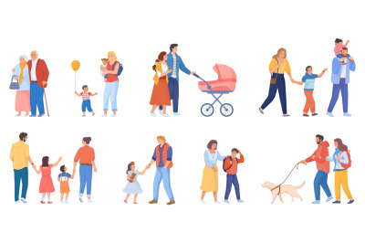 Family walk with stroller. Parents walking with adult children and dog