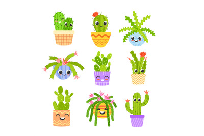 Kawaii cacti in pots. Cute cactus plant characters, funny flowerpot wi